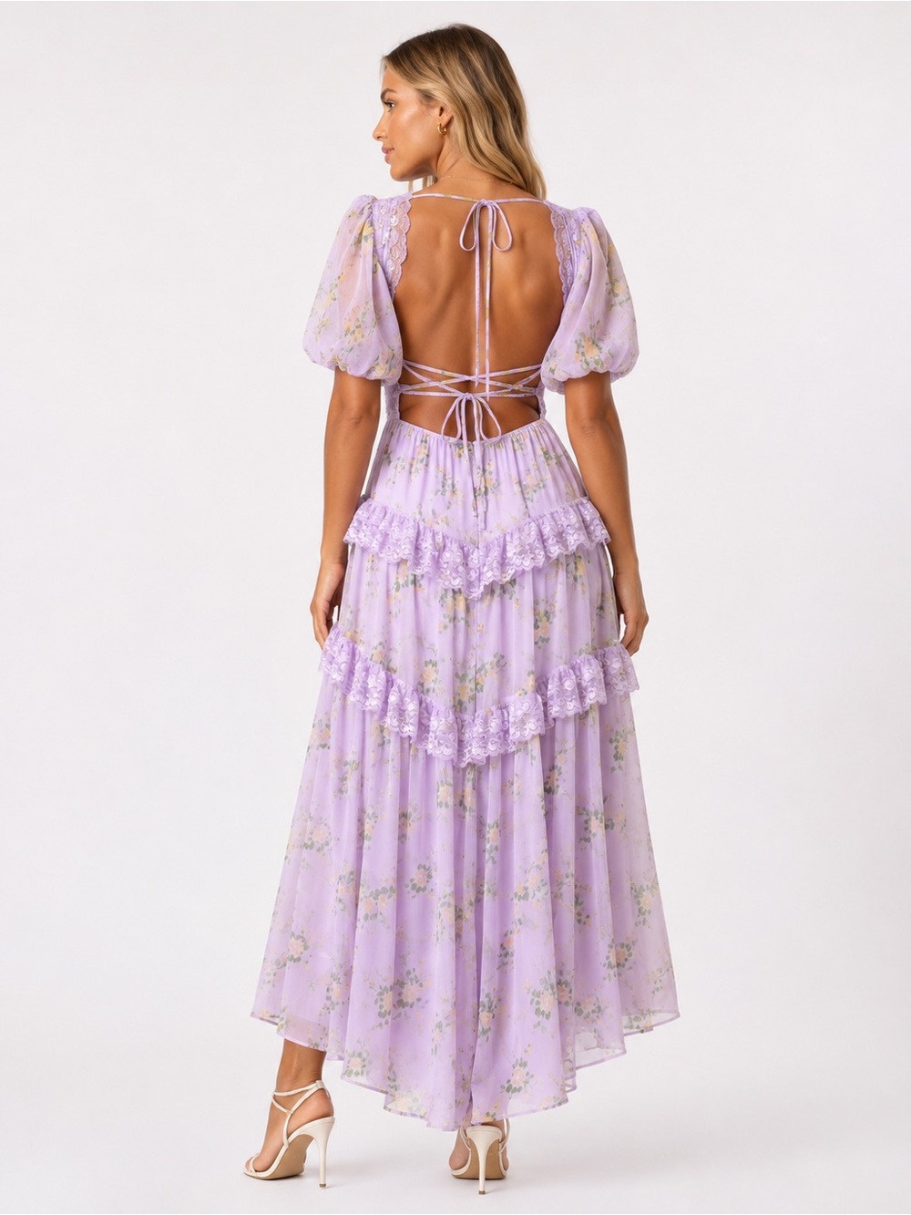 ASOS DESIGN Open Back Lace Insert Midi Tea Dress in Lilac Ditsy Floral US 6 - Picture 3 of 13